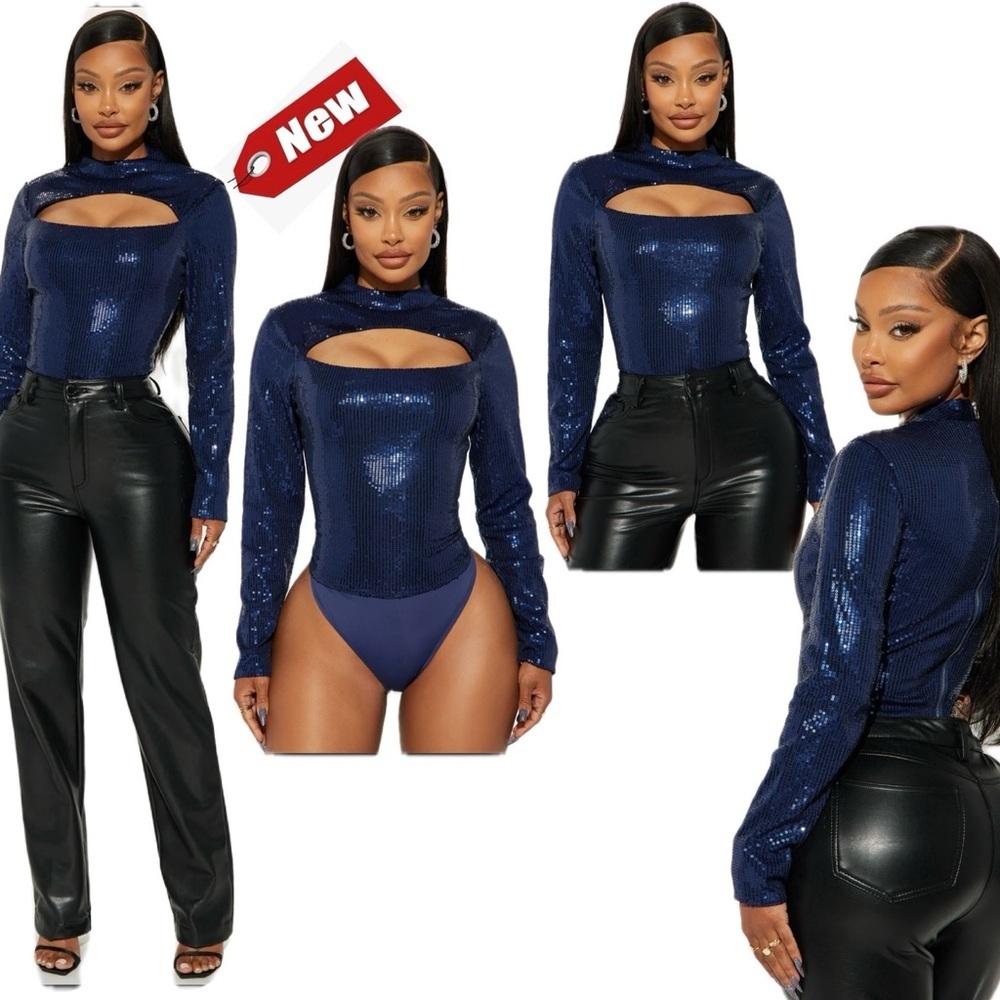 Fashion Nova navy blue sequin peephole cutout long sleeve bodysuit Sz L NWT